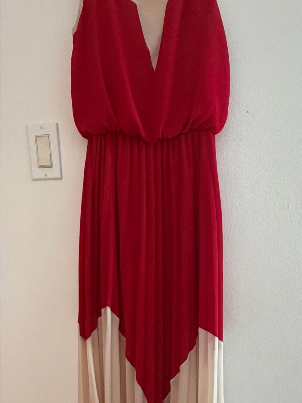 Elegant Red High-Low V-Neck Maxi Dress with Cream Hem